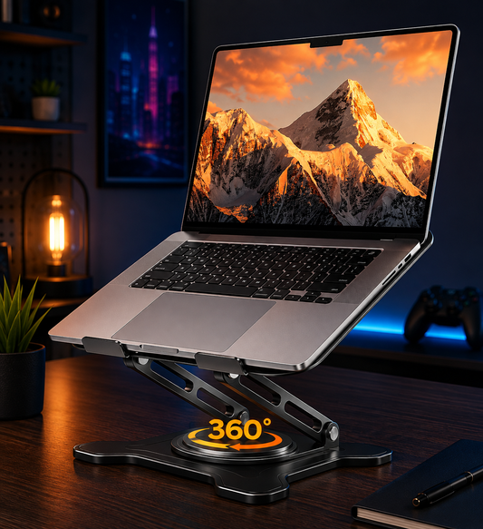 Nexus | 360° Rotating Laptop Stand for Desk, Metal Foldable Laptop Riser Black | Ergonomic Portable Adjustable Laptop Stand, Ventilated Cooling Notebook Holder for Macbook Air Pro, All 10-16'' Laptops