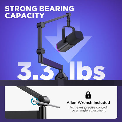 Low Profile Mic Arm Foldable Boom Arm Mic Stand Desk for Fifine | Smooth Adjustment, 360° Rotation, 3.3 Lb Weight Capacity, Horizontal Reach 26.1", 3/8" to 5/8" Adapter, for Desk under 2.75"