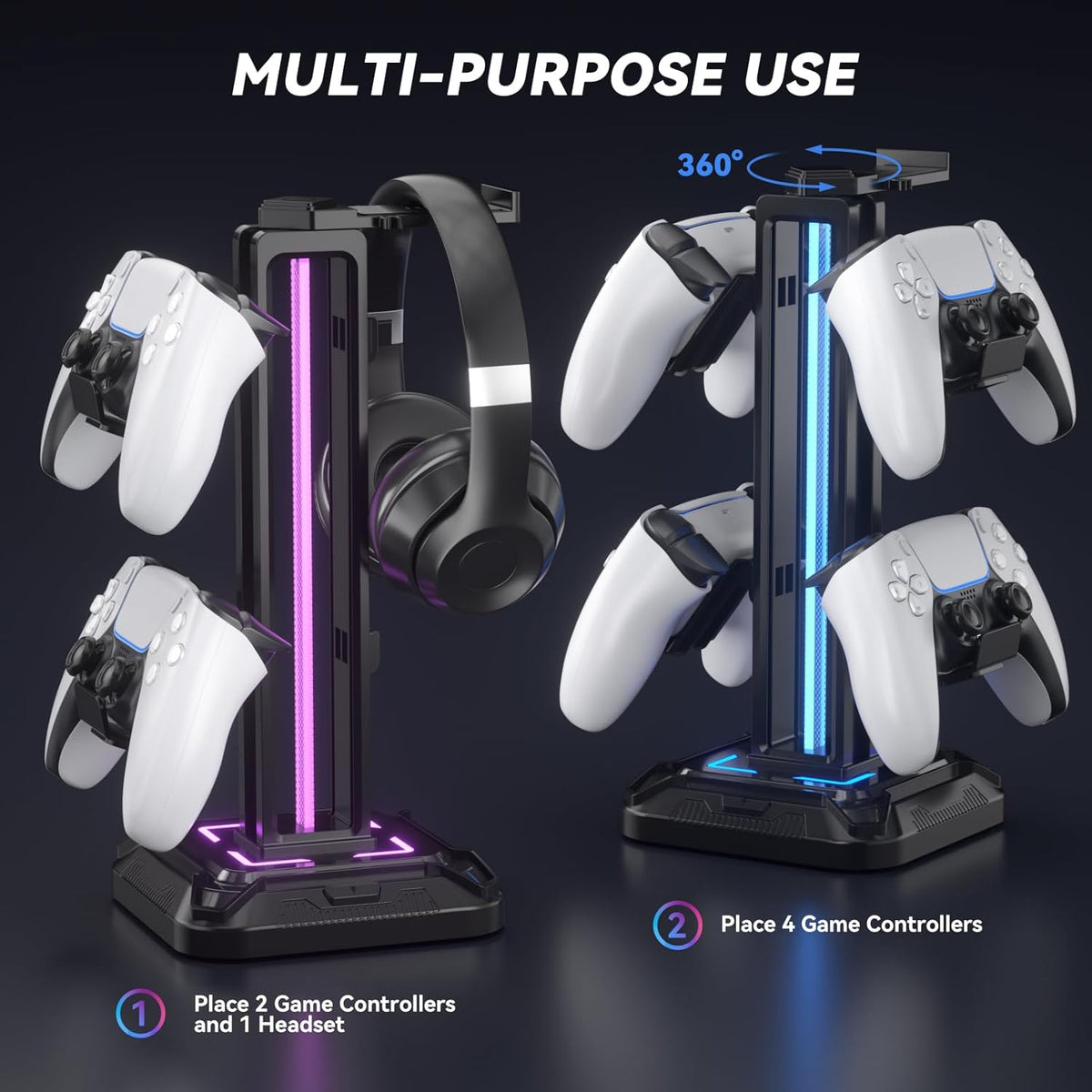 RGB Headset Stand with 9 Light Modes - Controller Holder for Desk - Rotatable Headphone Stand & Detachable Controller Hook for PC Earphone Accessories(Black)