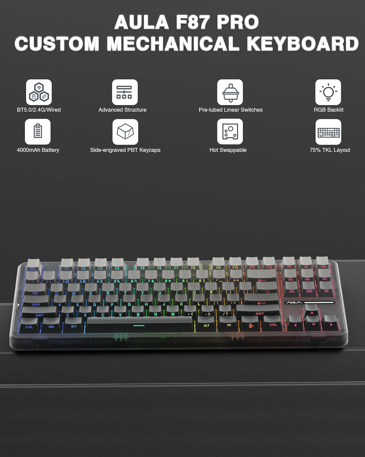 F87 Pro Wireless Mechanical Keyboard,Tri-Mode Bt5.0/2.4Ghz/Usb-C Hot Swappable Custom Keyboard,Pre-Lubed Switches,Side Printed PBT Keycaps,75% TKL RGB Backlit Gaming Keyboards