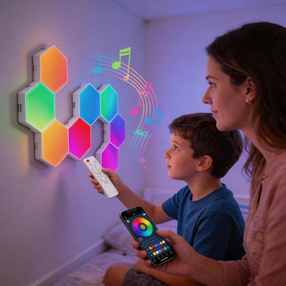 8 Pack Hexagon Lights LED Wall Panels, RGB Color Gaming Light Decoration with App/Music Sync & Remote, Boys DIY Smart Modular Hexagonal Honeycomb Bedroom Glide Hex Tiles Panel
