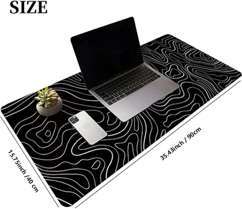 Black Topographic Large Gaming Mouse Pad Extended XXL(900 * 400 * 3MM) Mouse Mat Long Desk Pad with Stitched Edges for Keyboard Home Office Gaming Work Big Desk Mat