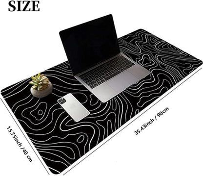 Black Topographic Large Gaming Mouse Pad Extended XXL(900 * 400 * 3MM) Mouse Mat Long Desk Pad with Stitched Edges for Keyboard Home Office Gaming Work Big Desk Mat