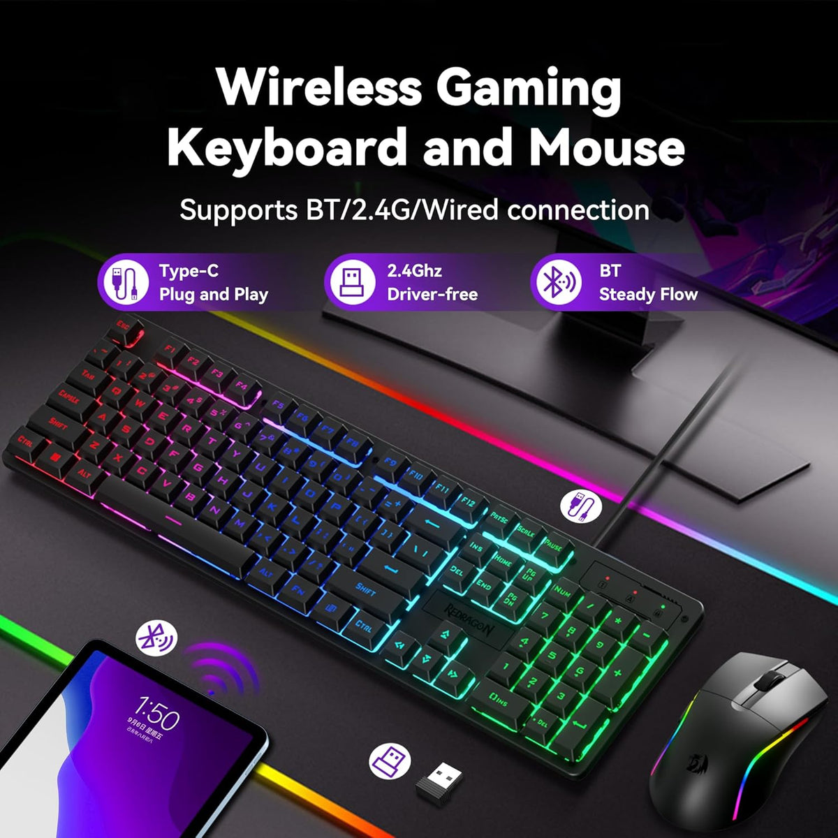 S107KS Wireless Gaming Keyboard and Mouse, RGB Backlit, 3 Mode (Wired/2.4G/Bt), up to 10,000 DPI Gaming Mouse with Software, Ultra Lightweight 65G, 25 Key Anti-Ghosting Keyboard for PC