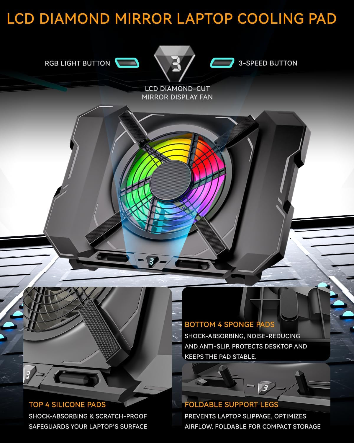 Laptop Cooling Pad, Gaming Laptop Cooler with 7.1 Inch Powerful Fan, RGB Lights & 3-Speed Fan Control & LCD Diamond Design, Height Adjustable Quiet Laptop Cooling Stand for 12"-21" Laptops Etc