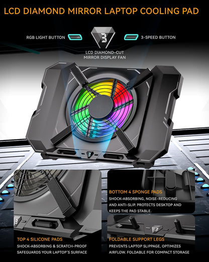 Laptop Cooling Pad, Gaming Laptop Cooler with 7.1 Inch Powerful Fan, RGB Lights & 3-Speed Fan Control & LCD Diamond Design, Height Adjustable Quiet Laptop Cooling Stand for 12"-21" Laptops Etc