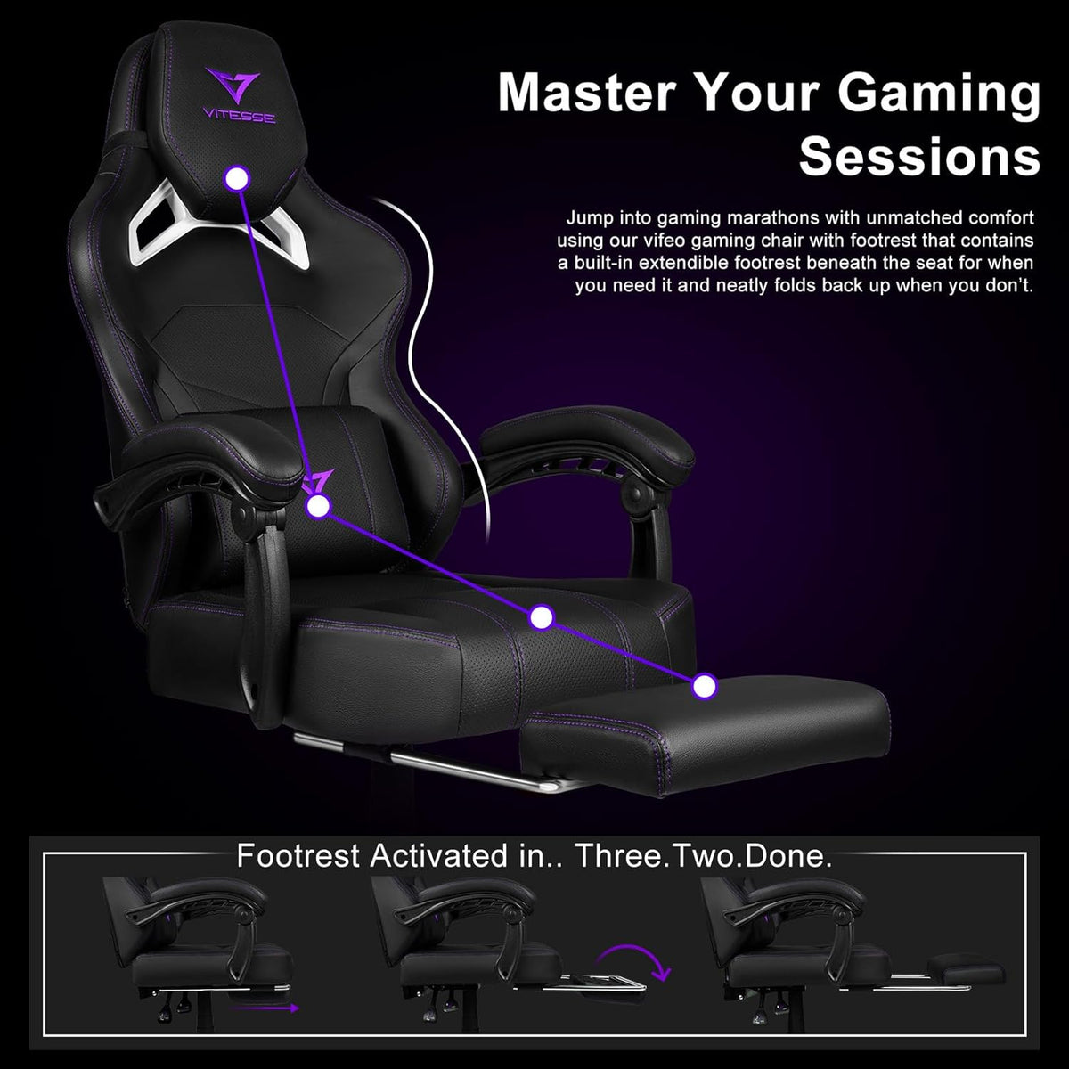 Big and Tall Gaming Chair with Footrest,Ergonomic Video Gaming Chair with Oversized Headrest and Lumbar Support for Adults 400Lb Weight Capacity,Computer Chair for Office or Gaming (Purple)
