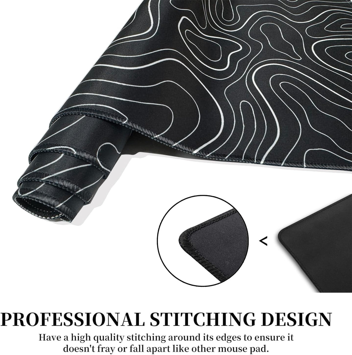 Black Topographic Large Gaming Mouse Pad Extended XXL(900 * 400 * 3MM) Mouse Mat Long Desk Pad with Stitched Edges for Keyboard Home Office Gaming Work Big Desk Mat