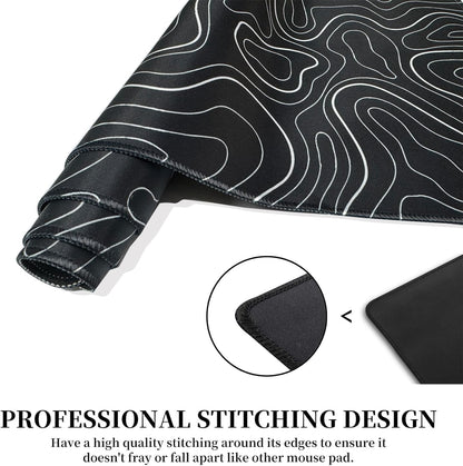 Black Topographic Large Gaming Mouse Pad Extended XXL(900 * 400 * 3MM) Mouse Mat Long Desk Pad with Stitched Edges for Keyboard Home Office Gaming Work Big Desk Mat
