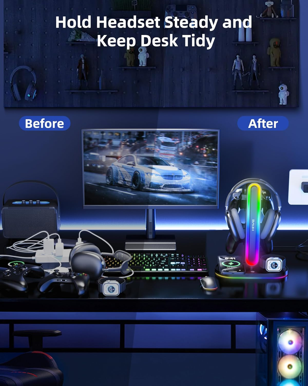 Headphone Stand, Dual Controller Holder, Magsafe Charger for Iphone/Iwatch | RGB Gaming Headset Stand for All Headphones, Dual Outputs, ABS Solid Base, Adapter Included, Table Desk Organizer