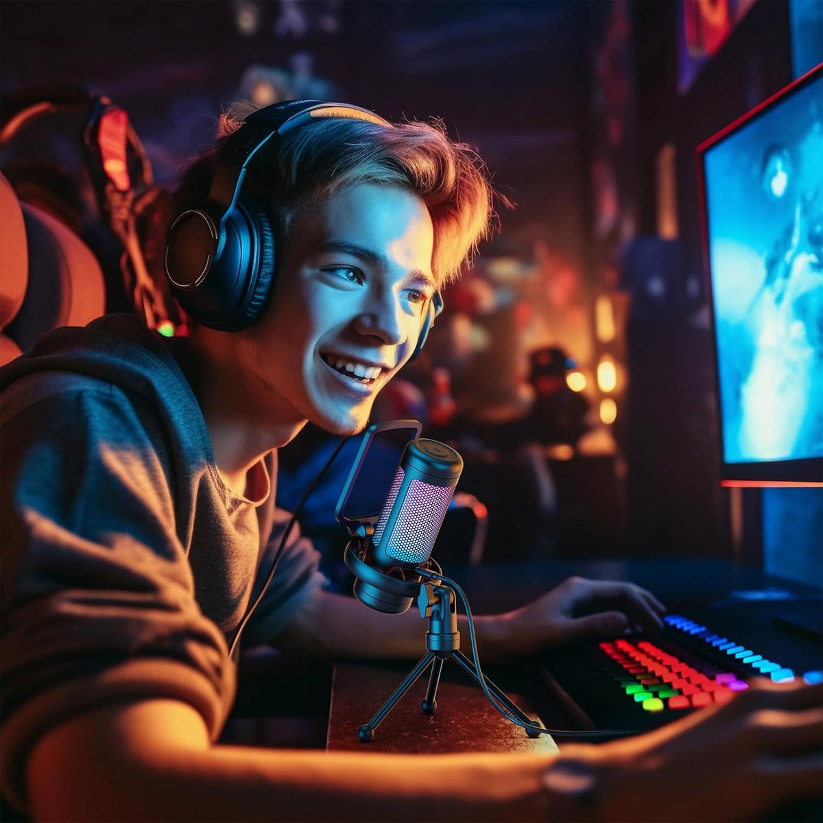 Gaming Microphone Set, PC Condenser Mic with RGB for Gamers | Desktop Stand Set, Quick Mute, Volume Control, for Twitch Streaming, Discord Chatting, 200 Cm/78'' Cable, Black, TC310