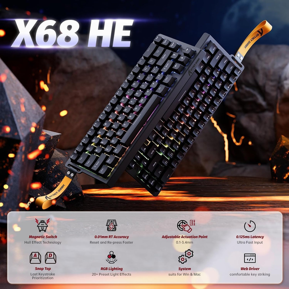 X68 HE RT Mechanical Gaming Keyboard 60% Wired Tkl-Black | Adjustable Actuation,Hall Effect Magnetic Switch,8Khz Polling Rate,Rgb Backlit,Top Mount, Web Driver for PC Mac Esport Gamer
