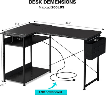 L Shaped Gaming Desk 48 Inch - Computer Corner Desk with Power Outlets, Reversible Shelves & Storage Bag for Home Office, PC Gaming Table, Black Carbon