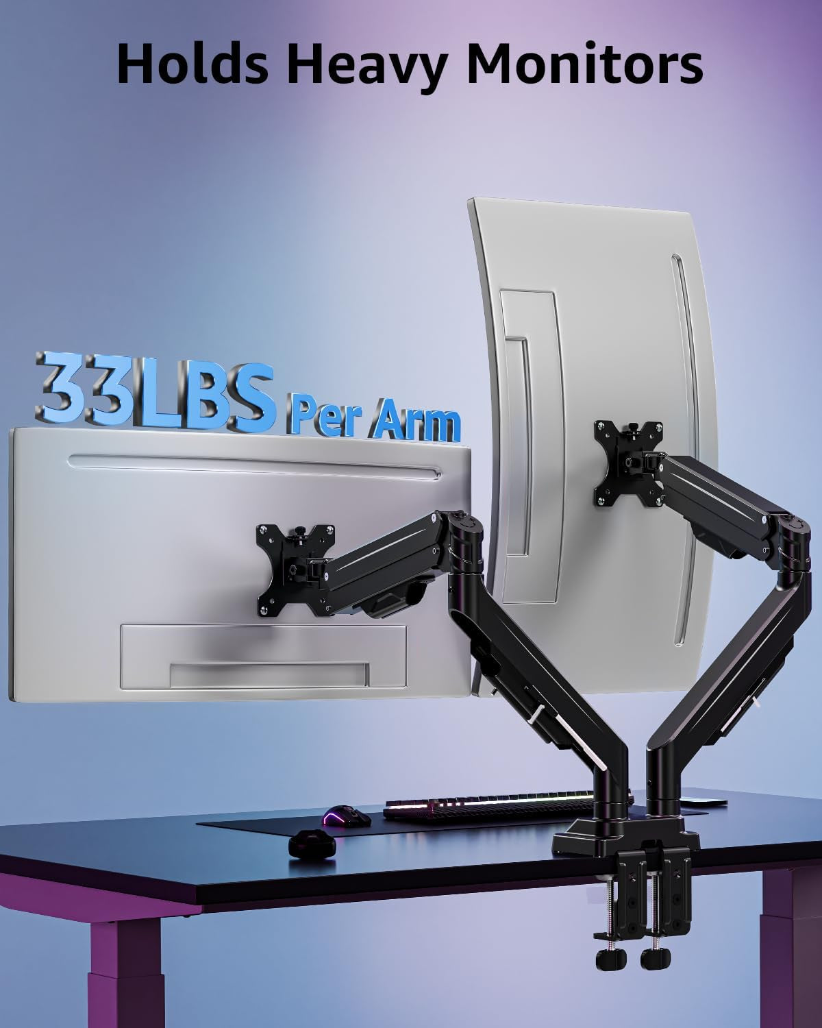 Dual Monitor Stand for Max 43 Inch Screens, Ultrawide Monitor Arm Height Adjustable, Heavy Duty Dual Monitor Mount, Full Motion Premium Monitors Arm, Holds 2.2 to 33 Lbs, VESA Desk Mount