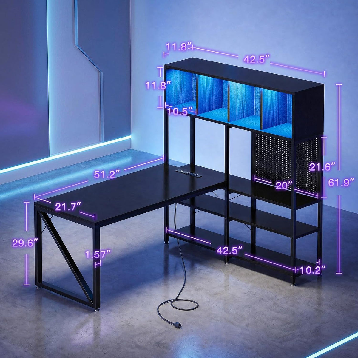63" L Shaped Gaming Desk with Display Hutch and Large Desktop, Black | LED Lights, Power Outlets, PC Tower Display Shelf, Pegboard, Storage Shelves, Reversible Layout for Gaming and Home Office