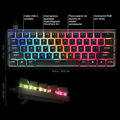 Steelseries Apex Pro Mini Gen 3 Omnipoint 3.0 Hypermagnetic Switches — Adjustable Actuation — Rapid Trigger — Game-Ready Presets — Protection Mode — Rapid Tap/Socd — RGB — PBT Keycaps — USB-C