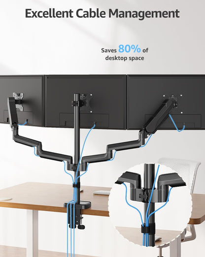 Triple Monitor Stand Mount - 3 Monitors Desk Mount for Computer Screens up to 27 Inch, Triple Monitor Arm, Heavy Duty Monitors Stand, Each Arm Holds 4.4-19.8 Lbs, Black