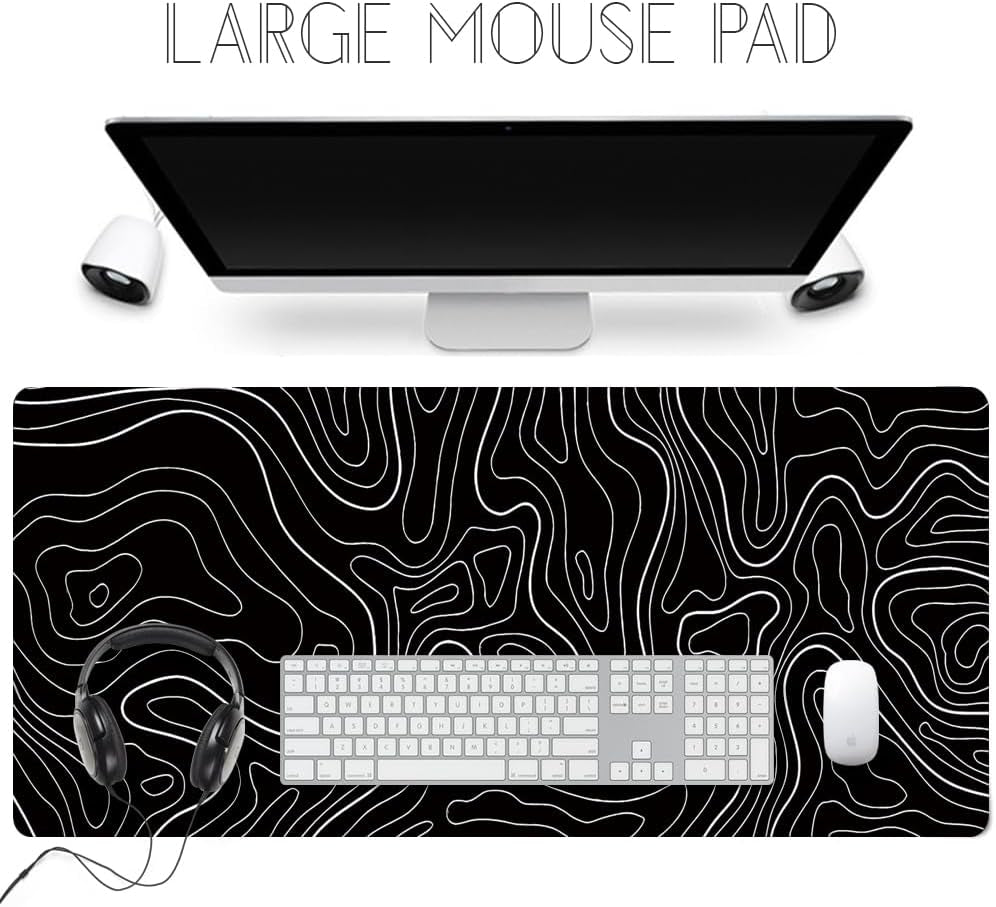 Black Topographic Large Gaming Mouse Pad Extended XXL(900 * 400 * 3MM) Mouse Mat Long Desk Pad with Stitched Edges for Keyboard Home Office Gaming Work Big Desk Mat