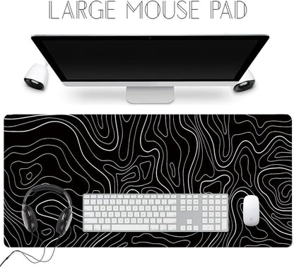 Black Topographic Large Gaming Mouse Pad Extended XXL(900 * 400 * 3MM) Mouse Mat Long Desk Pad with Stitched Edges for Keyboard Home Office Gaming Work Big Desk Mat