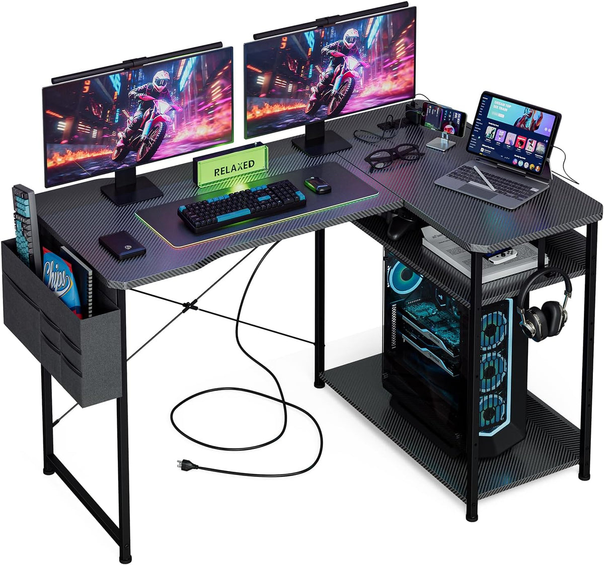 L Shaped Gaming Desk 48 Inch - Computer Corner Desk with Power Outlets, Reversible Shelves & Storage Bag for Home Office, PC Gaming Table, Black Carbon