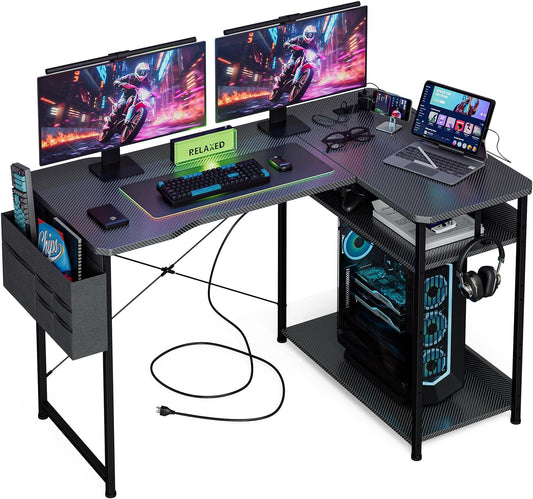 L Shaped Gaming Desk 48 Inch - Computer Corner Desk with Power Outlets, Reversible Shelves & Storage Bag for Home Office, PC Gaming Table, Black Carbon