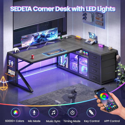 63"X27.6" L Shaped Gaming Desk with 4 Drawers Storage, Grey | Corner Office Desk with LED Lights & Acrylic Cabinet for Home Office, Executive Computer Desk for Bedroom