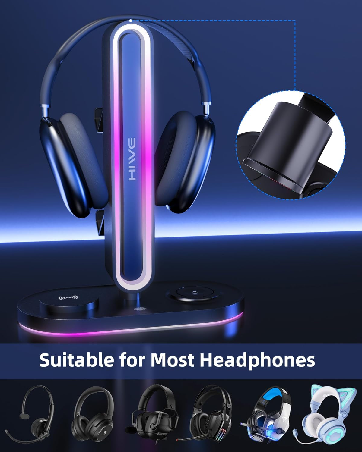 Headphone Stand, Dual Controller Holder, Magsafe Charger for Iphone/Iwatch | RGB Gaming Headset Stand for All Headphones, Dual Outputs, ABS Solid Base, Adapter Included, Table Desk Organizer