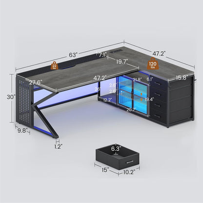 63"X27.6" L Shaped Gaming Desk with 4 Drawers Storage, Grey | Corner Office Desk with LED Lights & Acrylic Cabinet for Home Office, Executive Computer Desk for Bedroom