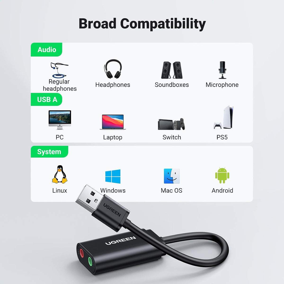 UGREEN USB to Audio Jack Sound Card Adapter with TRS 3.5Mm Headphone & Mics | USB Sound Card Jack Adapter Compatible with Computer, PS5, PS4, USB Audio Stereo Adapter External Sound Card
