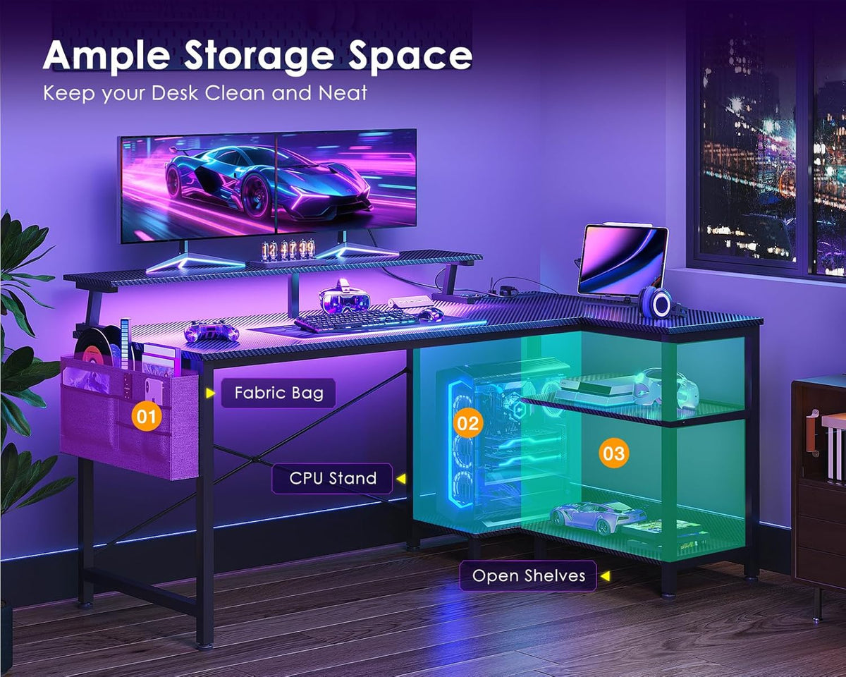 48 Inch L Shaped Gaming Desk with LED Lights, Power Outlets, Black | Adjustable Monitor Stand, Open Storage Shelves, Hanging Side Bag, PC Tower Stand, Reversible Layout for Gaming