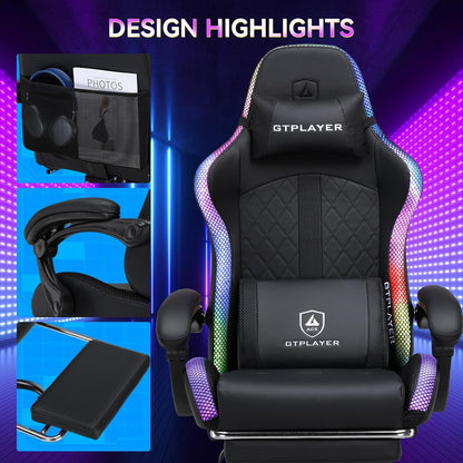 RGB Gaming Chair with Speakers - LED Computer Game Chair for Adults, PC Home Office Chairs with Footrest & Lights, Reclining Desk Chairs, Dark Black