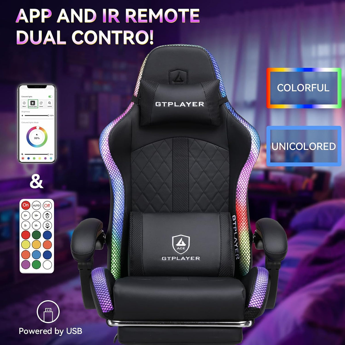 RGB Gaming Chair with Speakers - LED Computer Game Chair for Adults, PC Home Office Chairs with Footrest & Lights, Reclining Desk Chairs, Dark Black