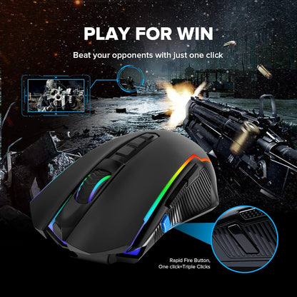 Gaming Mouse, Wireless Mouse Gaming with 8000 DPI, PC Gaming Mice with Fire Button, RGB Backlit Programmable Ergonomic Mouse Gamer, Rechargeable, 70Hrs for Windows, Mac Gamer, Black