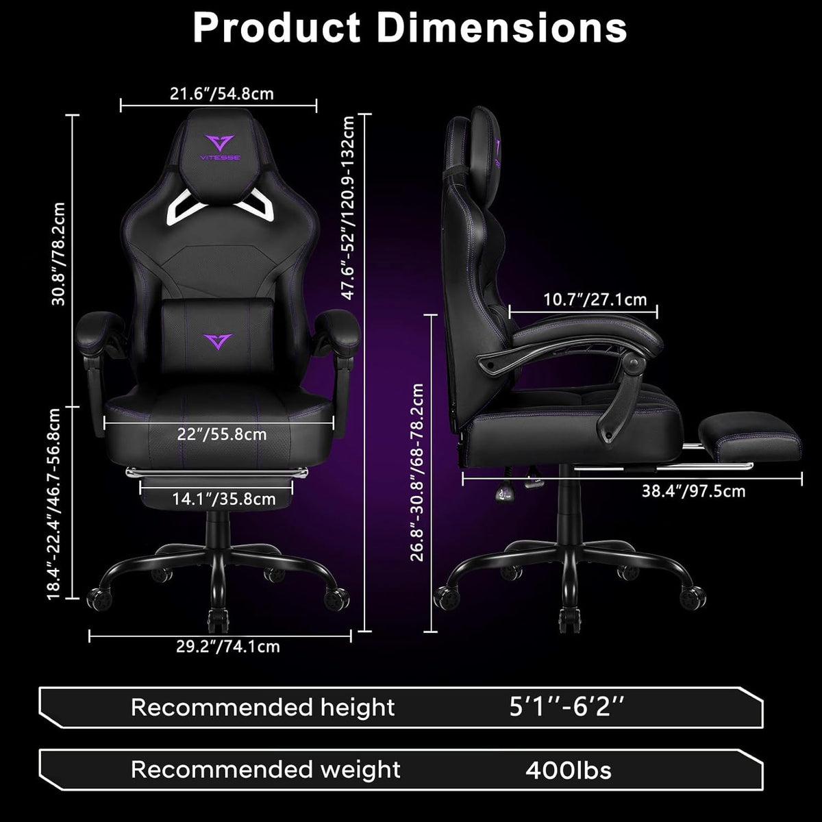 Big and Tall Gaming Chair with Footrest,Ergonomic Video Gaming Chair with Oversized Headrest and Lumbar Support for Adults 400Lb Weight Capacity,Computer Chair for Office or Gaming (Purple)