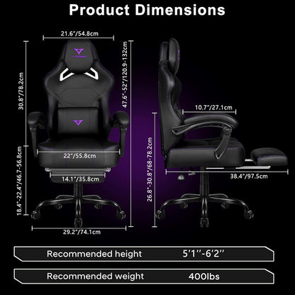Big and Tall Gaming Chair with Footrest,Ergonomic Video Gaming Chair with Oversized Headrest and Lumbar Support for Adults 400Lb Weight Capacity,Computer Chair for Office or Gaming (Purple)