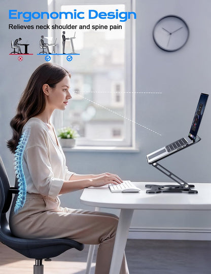 360° Rotating Laptop Stand for Desk, Metal Foldable Laptop Riser Black | Ergonomic Portable Adjustable Laptop Stand, Ventilated Cooling Notebook Holder for Macbook Air Pro, All 10-16'' Laptops