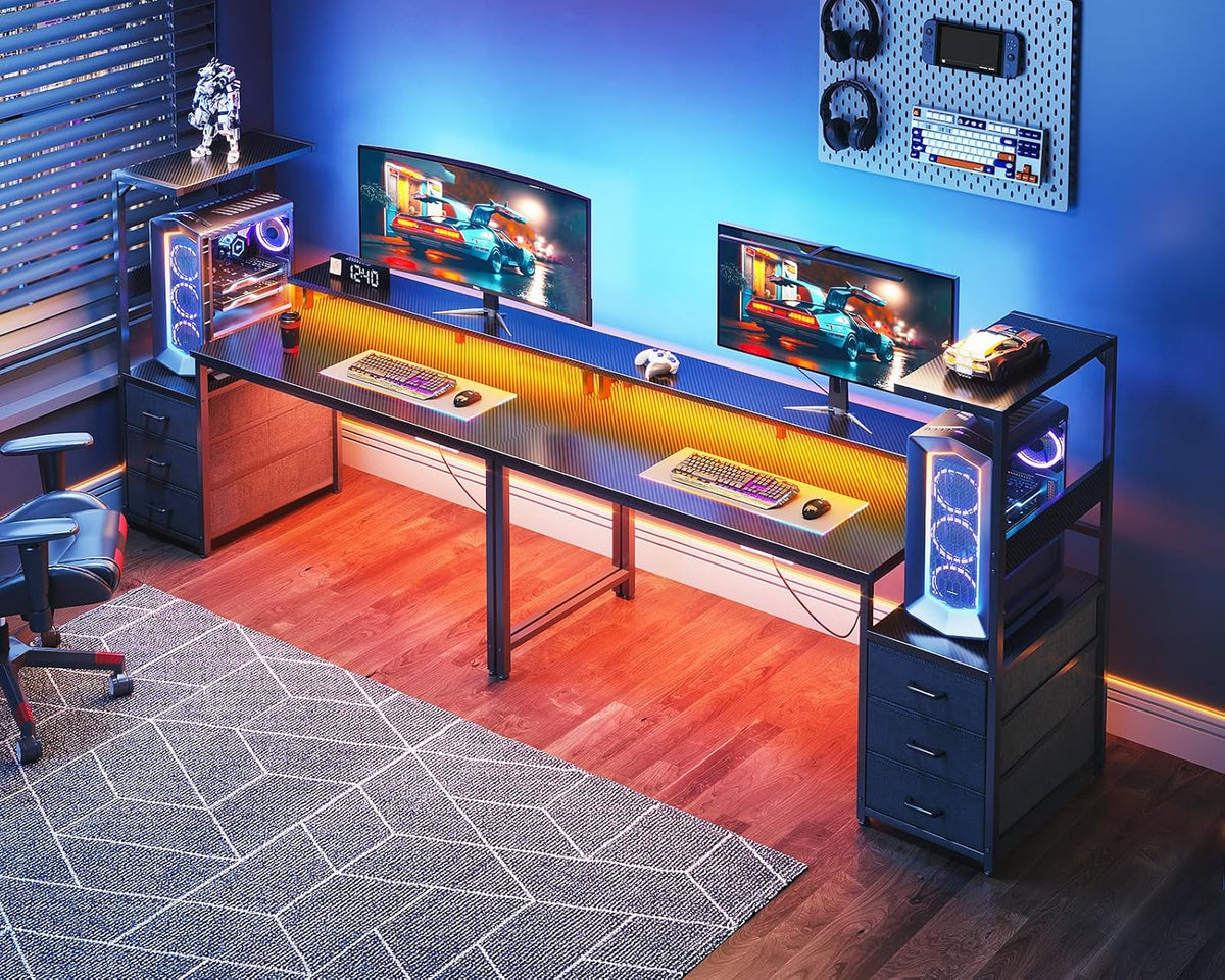 Gaming Desk W/Pc Showcase Stand, 59" Reversible, RGB LED, Black | Elevated Stand Fits Lian Li O11, Hyte Y60. Triple Drawers Hide Cables, Controllers, Clutter