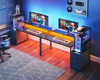 Gaming Desk W/Pc Showcase Stand, 59" Reversible, RGB LED, Black | Elevated Stand Fits Lian Li O11, Hyte Y60. Triple Drawers Hide Cables, Controllers, Clutter