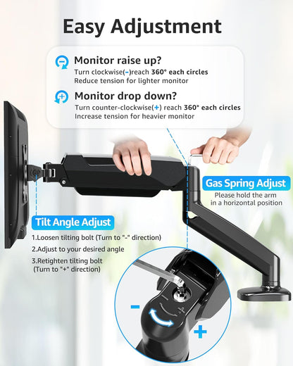 Single Monitor Desk Mount Holds Screen up to 32 Inch, Height Adjustable Monitor Arm, Full Motion Computer Monitors Stand with Clamp/Grommet Base, VESA Mounts Fit 4.4-17.6Lbs Computer, Black