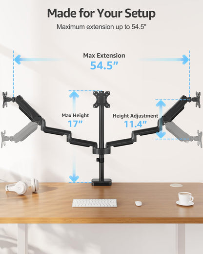 Triple Monitor Stand Mount - 3 Monitors Desk Mount for Computer Screens up to 27 Inch, Triple Monitor Arm, Heavy Duty Monitors Stand, Each Arm Holds 4.4-19.8 Lbs, Black