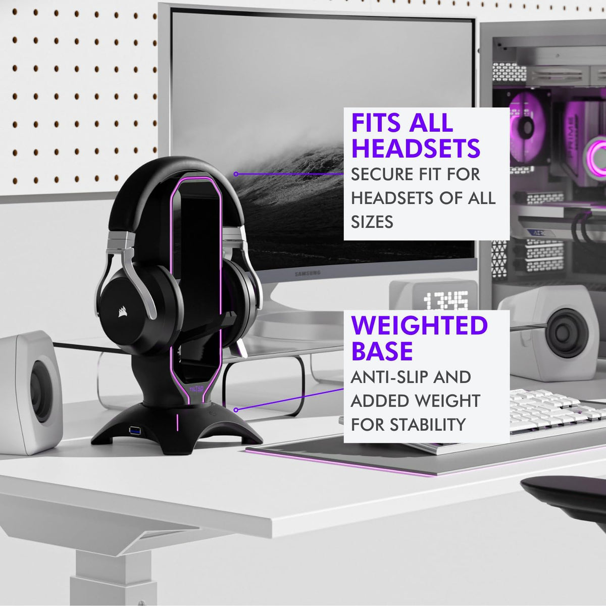 Gaming Headset Stand | RGB Headphone Stand for Desk with Mouse Bungee and USB Hub (Cool and Clean Setup) Gaming Headset Holder - Perfect Gamer Gift Accessory