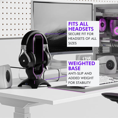 Gaming Headset Stand | RGB Headphone Stand for Desk with Mouse Bungee and USB Hub (Cool and Clean Setup) Gaming Headset Holder - Perfect Gamer Gift Accessory