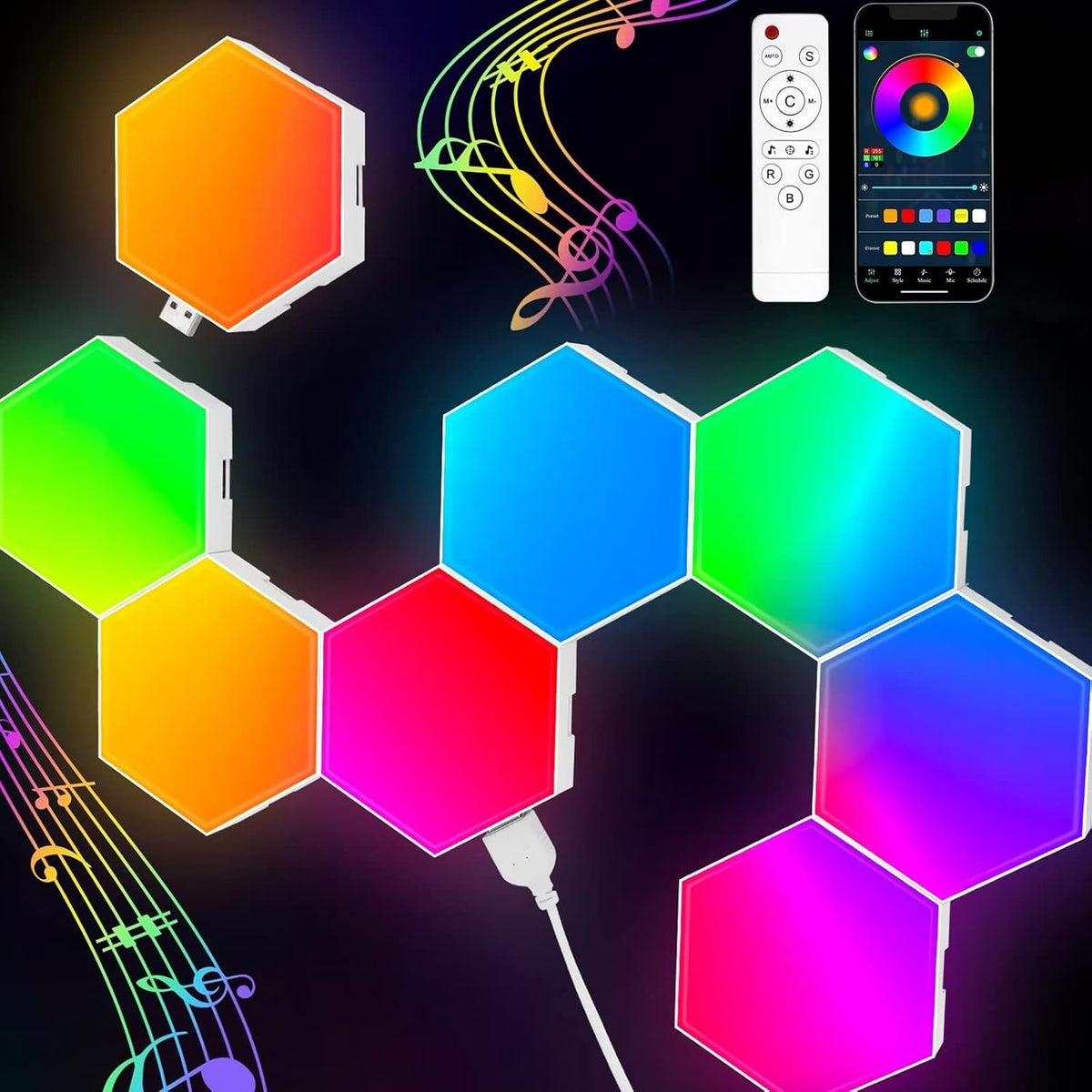 8 Pack Hexagon Lights LED Wall Panels, RGB Color Gaming Light Decoration with App/Music Sync & Remote, Boys DIY Smart Modular Hexagonal Honeycomb Bedroom Glide Hex Tiles Panel