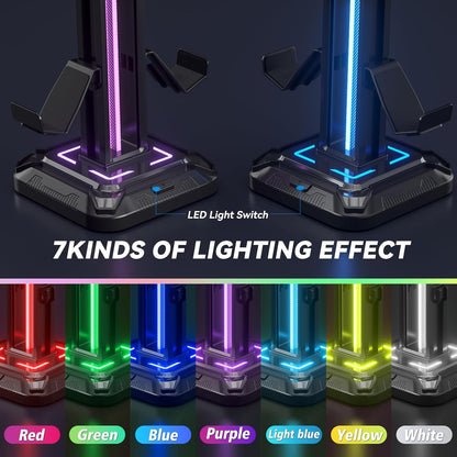 RGB Headset Stand with 9 Light Modes - Controller Holder for Desk - Rotatable Headphone Stand & Detachable Controller Hook for PC Earphone Accessories(Black)