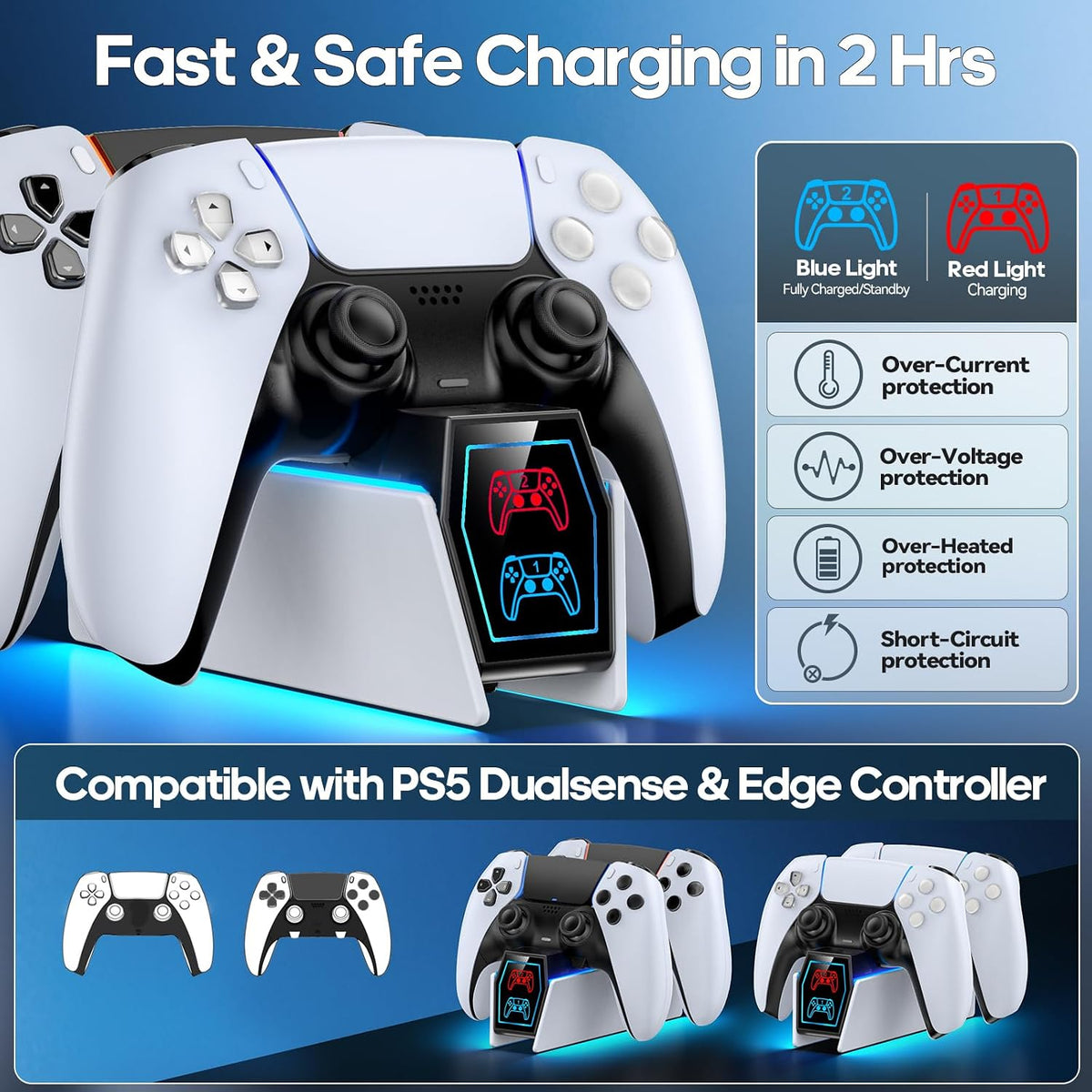 PS 5 Controller Charger Station Compatible with Playstation 5 Edge & Dual Controller, 9 Lightings PS 5 Accessories Charging Station, PS 5 Dock Stand with LED Indicator for Playstation Consoles