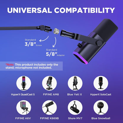 Low Profile Mic Arm Foldable Boom Arm Mic Stand Desk for Fifine | Smooth Adjustment, 360° Rotation, 3.3 Lb Weight Capacity, Horizontal Reach 26.1", 3/8" to 5/8" Adapter, for Desk under 2.75"