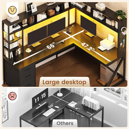 L Shaped Gaming Desk with Storage Shelves, Hutch, Drawers | Convertible 94.5" Computer Desk with Power Outlet, LED Lights, Pegboard, Corner Gaming Table for Home Office, Black