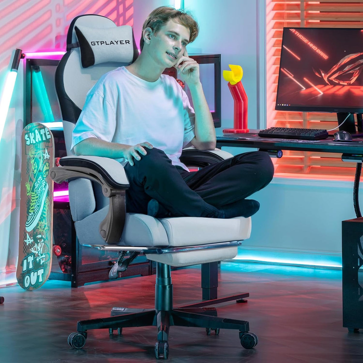Gaming Chair, Computer Office Chair Lumbar Support, Linkage Armrests and Footrest, Ergonomic Game Chair for Adults with Extended Backrest, Velvet Fabric, Light Blue