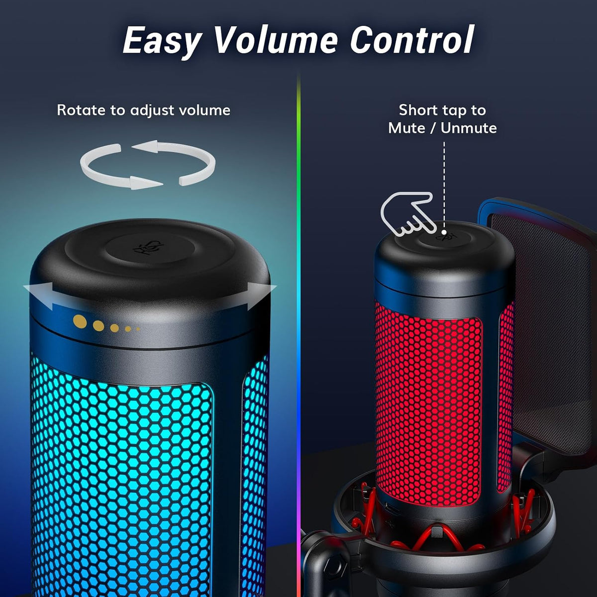 Gaming Microphone Set, PC Condenser Mic with RGB for Gamers | Desktop Stand Set, Quick Mute, Volume Control, for Twitch Streaming, Discord Chatting, 200 Cm/78'' Cable, Black, TC310