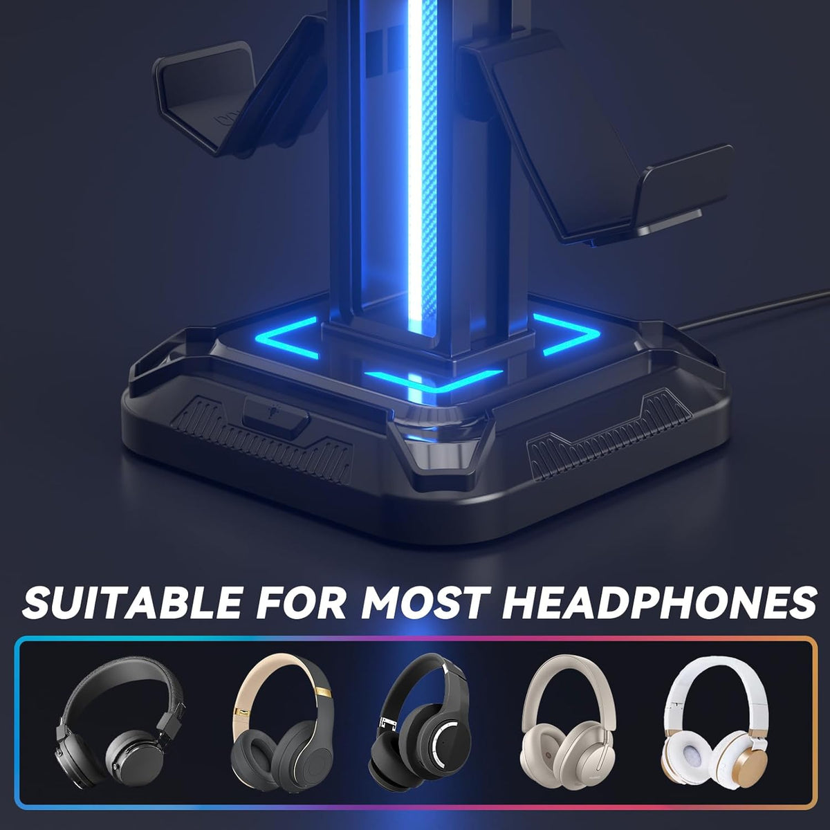 RGB Headset Stand with 9 Light Modes - Controller Holder for Desk - Rotatable Headphone Stand & Detachable Controller Hook for PC Earphone Accessories(Black)